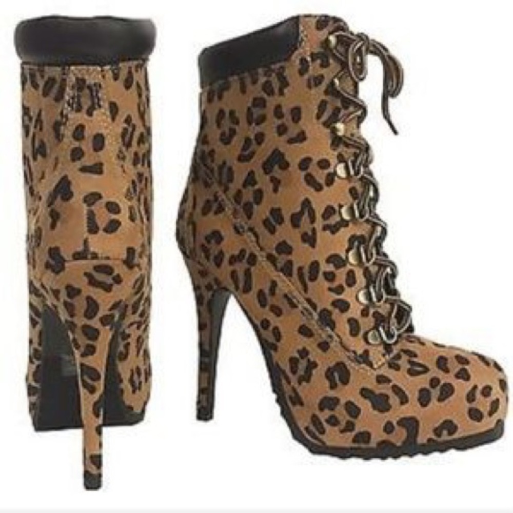 Lace Up Platform Leopard High Heel Ankle Boots